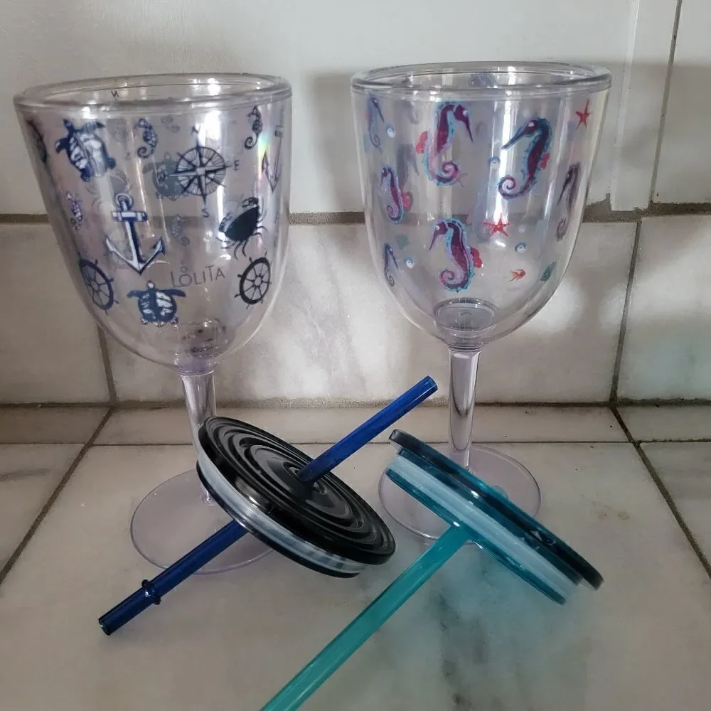 Coastal Drinkware,  wine cups with lids and straws